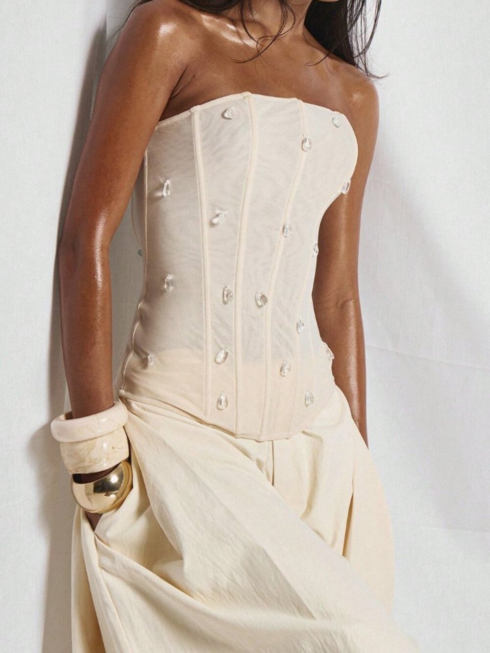 Apricot Elegant Women's Cute Occasion Crystal Teardrop Boned Corset Bandeau Top